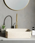 Modern Artistic Bathroom Vessel Sink - Above Counter Ceramic Washbasin for Indoor/Outdoor Use, Includes Accessories on a countertop.