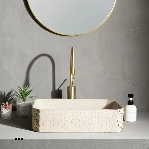 Modern Artistic Bathroom Vessel Sink - Above Counter Ceramic Washbasin for Indoor/Outdoor Use, Includes Accessories on a countertop.
