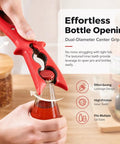 Heavy Duty 3 In 1 Kitchen Lift Tool With Sure Fire Non Slip Heat Safe Grip For Holding Bowls Casseroles Pot Lids And Bottle Caps Quick Mixing Sidekick And Serving Essential In Bright Red opening a bottle with dual-diameter grip.