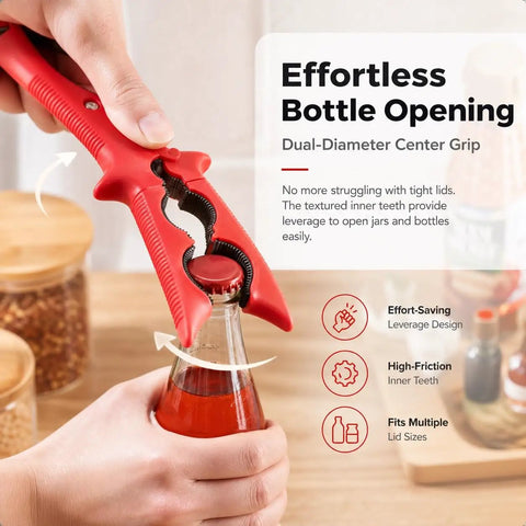 Heavy Duty 3 In 1 Kitchen Lift Tool With Sure Fire Non Slip Heat Safe Grip For Holding Bowls Casseroles Pot Lids And Bottle Caps Quick Mixing Sidekick And Serving Essential In Bright Red opening a bottle with dual-diameter grip.