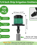 Diagram of One Quarter Inch Adjustable Drip Emitter Set Of 100 For Garden Watering with dimensions and features