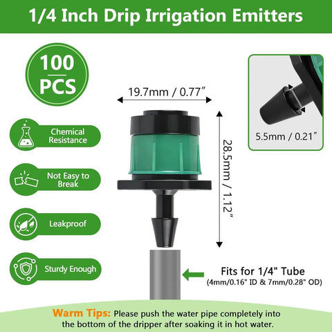 Diagram of One Quarter Inch Adjustable Drip Emitter Set Of 100 For Garden Watering with dimensions and features
