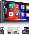 Double Din Car Stereo With 7 Inch HD Touchscreen Wireless Apple CarPlay And Android Auto Bluetooth 240W SWC Subwoofer Output Mirror Link FM AM Radio Receiver And Backup Camera, showing interface and accessories