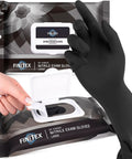 Heavy Duty 3.5 Mil Nitrile Disposable Gloves In Bold Black, Fully Latex Free And Tear Resistant For Kitchen Cooking, Food Prep, And Toughest Cleaning Jobs With A Dead On Snug Fit That Never Slips, shown being removed from a pack.
