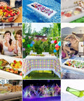 Collage of the Inflatable Party Bar Cooler And Serving Station For Pool Parties And Picnics with food and drinks