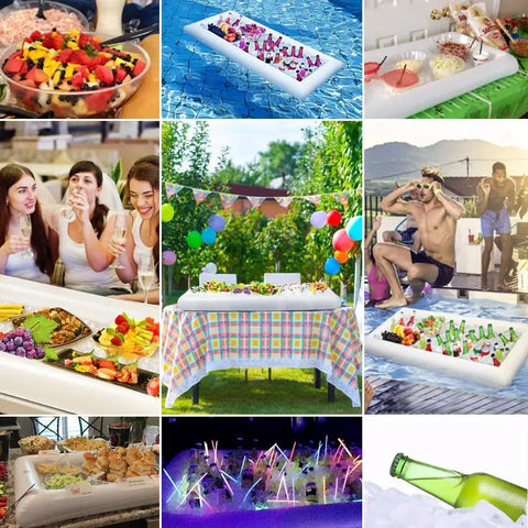 Collage of the Inflatable Party Bar Cooler And Serving Station For Pool Parties And Picnics with food and drinks