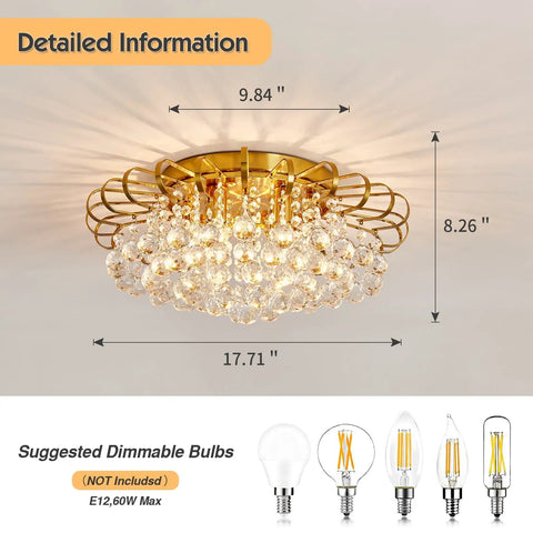 4 Light Crystal Chandelier Modern Semi Flush Mount Ceiling Light Fixture Gold Finish Round 17.9 Inch Diameter Crystal Tube Design