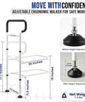 Adjustable ergonomic walker with dimensions and height adjustment details for safe mobility.