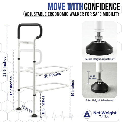 Adjustable ergonomic walker with dimensions and height adjustment details for safe mobility.