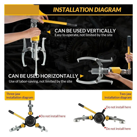 Heavy Duty 5 Ton Hydraulic Gear Puller With Thick Steel Frame And Fast Ejector Pin For Effortless Wheel Bearing Removal, installation diagram.