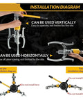No Bull Heavy Duty Hydraulic Gear Puller With Thick Steel Arms installation diagram showing vertical and horizontal use.
