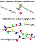 Diagram showing double wire rope clamp, turnbuckles, and black ties attaching string lights to cable from 164ft Outdoor String Light Hanging Kit