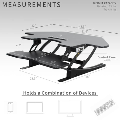 43 Inch Corner Electric Height Adjustable Desk Riser For Dual Monitors, dimensions and USB port, VE Series Black Finish