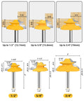Pro Level 3 Piece 45 Degree Lock Miter Router Bit Set With Quarter Inch Shank And Heavy Duty Tungsten Carbide Cutters For Cabinets And Drawers Runs Like A Champ And Delivers Dead Straight Joints Every Time featuring dimensions and sizes of 1/2", 5/8", and 3/4" bits.