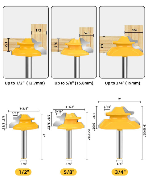 Pro Level 3 Piece 45 Degree Lock Miter Router Bit Set With Quarter Inch Shank And Heavy Duty Tungsten Carbide Cutters For Cabinets And Drawers Runs Like A Champ And Delivers Dead Straight Joints Every Time featuring dimensions and sizes of 1/2", 5/8", and 3/4" bits.