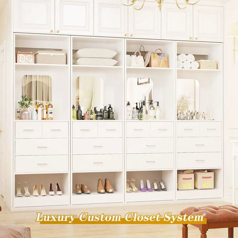 Totally Versatile White Modular Closet System With Drawers, Heavy Duty Wardrobe Organizer With Full Length Mirror, No Sweat Setup Walk In Closet Cabinet For Bedroom, Tough Enough For Two Thousand Pounds