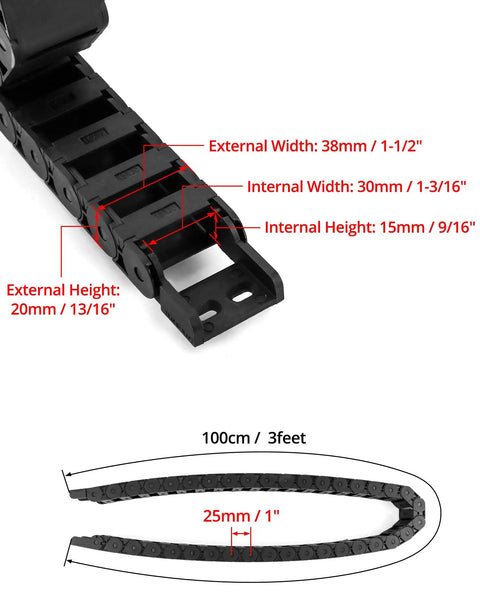 Beefy Semi Enclosed Drag Chain Cable Carrier 4 Pack 1 Meter Length with end connectors, black R28 radius, 15x30mm inner size dimensions shown.