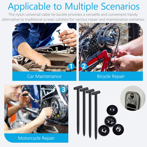 Heavy Duty Nylon Universal Cable Tie Buckles Kit With Self Locking T Rivet Zip Tie Clips in use for car, bicycle, motorcycle repair