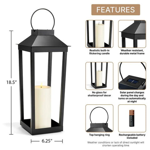 Large Outdoor Solar Powered Lantern With Open Frame No Glass Black Metal 19 Inch Tall Dusk To Dawn Timer Flickering LED Candle Lantern For Porch Patio Garden Rustic Farmhouse Vibe, shown with features and sizes.
