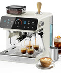 Semi Automatic Espresso Machine With Self Cleaning Conical Burr Grinder And 19 Ground Settings 20 Bar Pressure Built In Milk Frother System Removable Water Tank brewing espresso with two shots and coffee mugs on the side.