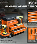 Heavy Duty 3 Drawer Tool Chest With Rolling Mechanic Seat And Built In Tool Trays 350 Lbs Weight Capacity Orange Finish Durable Shop Organizer For Garage And Technicians shown with tools on top and side trays folded