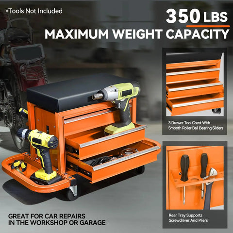 Heavy Duty 3 Drawer Tool Chest With Rolling Mechanic Seat And Built In Tool Trays 350 Lbs Weight Capacity Orange Finish Durable Shop Organizer For Garage And Technicians shown with tools on top and side trays folded