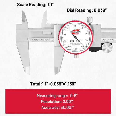 0-6 Inch Dial Caliper With SAE Inch Range And 0.001 Inch Accuracy Analog Mechanical Stainless Steel Measuring Tool