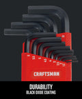 Close-up of 100 Piece Hex Key Master Set with durable black oxide Allen wrenches, chamfered edges, stored in a red rack.
