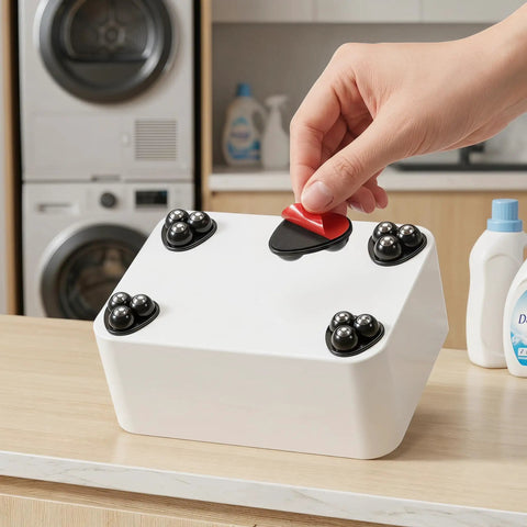 Twelve Pieces Self Adhesive Mini Casters And Swivel Ball Wheels That Roll Smooth As Butter For Trash Cans Storage Bins And Kitchen Organizers With Easy Peasy Sticky Backing To Boost Home Storage Game Today in use on a white box.