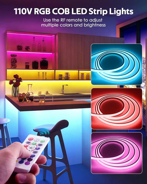 Hella Bright 10Ft Bluetooth COB LED Strip Lights With Flex Remote And Smart App Music Sync Dimmable IP67 Waterproof RGB Neon Rope Light For Bedroom Party Decor And Fire Vibes