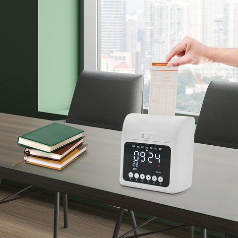 Heavy Duty Time Clock Punch Machine Bundle Includes Fifty Cards For Small Business And Office Password Unlocked Attendance Tracker on a desk.