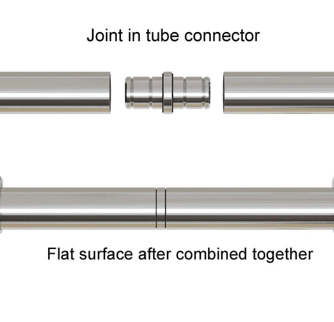 Close-up of Integrated Soft Close Sliding Barn Door Hardware Kit in Brushed Stainless Steel showing tube connector joint