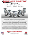 Front view of five Service Caster top-plate swivel casters with 8x2 in silver semi-steel V-groove wheels