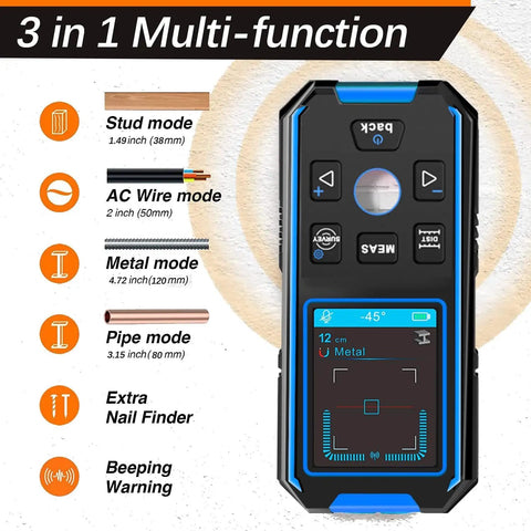 Stud Finder Wall Scanner4 in1Wall Stud Detector of AC Wire Wood Metal Studs showcasing device and modes for locating materials.