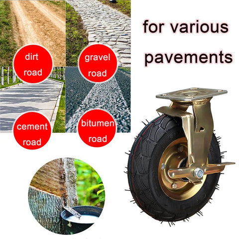 Heavy Duty Industrial Casters with smooth rolling pneumatic rubber wheels, suitable for dirt, gravel, cement, and bitumen roads.