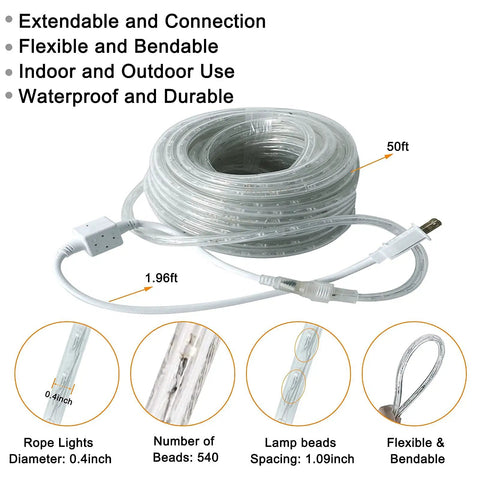 Outdoor Waterproof Rope Lights Daylight White 50Ft Cuttable And Connectable LED Tube with power cord and clear PVC tube