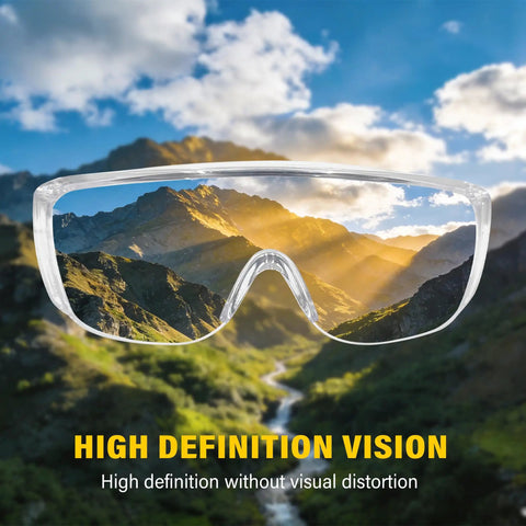 Six Pack Of Crystal Clear Safety Glasses Over Eyeglasses With Kickass Impact Resistant Polycarbonate Lenses, No Sweat ANSI Z87.1 Protective Eyewear For Hard Hat Jobs, Construction, And Backyard Chores with clear lenses in mountain setting.