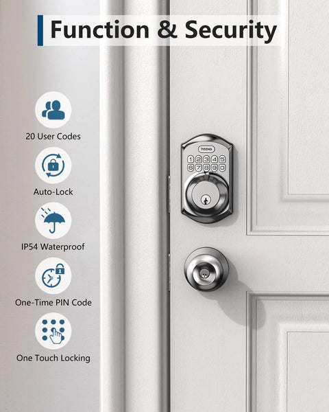 Front view of Keyless Entry Door Lock With Keypad And Auto Lock, Smart Deadbolt For Front Door, Satin Nickel Finish installed