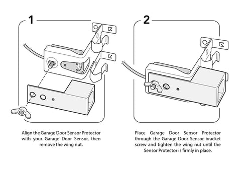 Diagram showing installation of Garage Door Sensor Sun Shield 2-Pack Made In USA Blocks Sunlight Interference Easy Install Fits LiftMaster 801CB-P And Chamberlain 41A5034 Sensors That Prevents Sun Glare And False Readings
