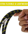 Kickass 10 Ft Braided Airbrush Hose With Kink Free Flex And Snappy Zinc Connectors, flexible tubing shown in hand.
