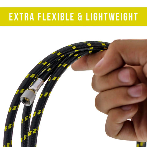Kickass 10 Ft Braided Airbrush Hose With Kink Free Flex And Snappy Zinc Connectors, flexible tubing shown in hand.