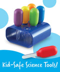 Big Grip Eyedroppers For Kids Easy Squeeze Jumbo Droppers in bright colors with a blue stand for sensory and STEM activities.