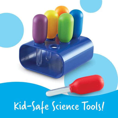 Big Grip Eyedroppers For Kids Easy Squeeze Jumbo Droppers in bright colors with a blue stand for sensory and STEM activities.