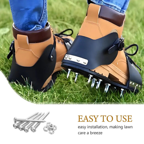 Person wearing 30 Piece Lawn Aerator Shoes Spikes Set For Lawn Care And Yard Maintenance on grass with spare metal spikes shown.