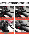 Universal Motorcycle Cruise Control Throttle Lock Assist With Adjustable Handlebar Booster installation steps 1-4 on bike handlebars.