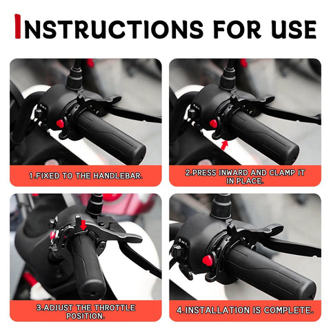 Universal Motorcycle Cruise Control Throttle Lock Assist With Adjustable Handlebar Booster installation steps 1-4 on bike handlebars.