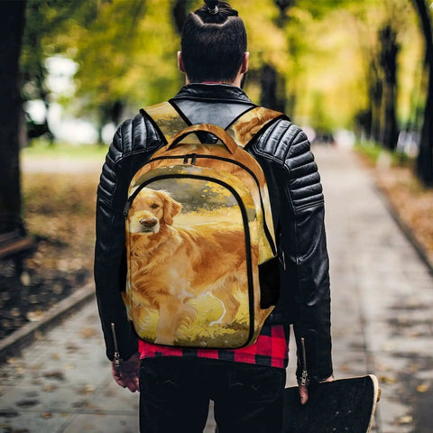 Dope Warm Autumn Pet Floral Printed Unisex Backpack with Golden Retriever design worn by skateboarder in park