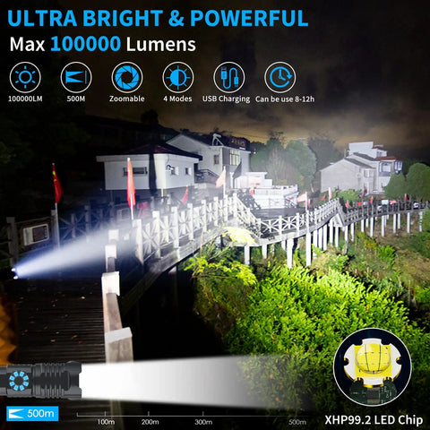 Rechargeable 100000 Lumen Tactical Flashlight with Zoomable Beam illuminating a distant bridge and landscape at night