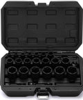 Open case displaying Heavy Duty Impact Bolt And Nut Extractor Kit 25 Pcs With 3/8 Inch And 1/2 Inch Drive Remover Sockets Metric 8-27Mm