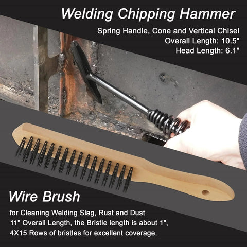 Front view of welding chipping hammer with spring handle; wood-handled wire brush.
